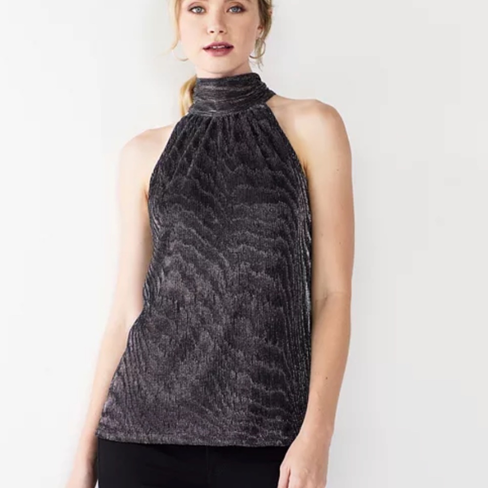 Women's Nine West High Neck Party Tank in Gunmetal/Black Metallic